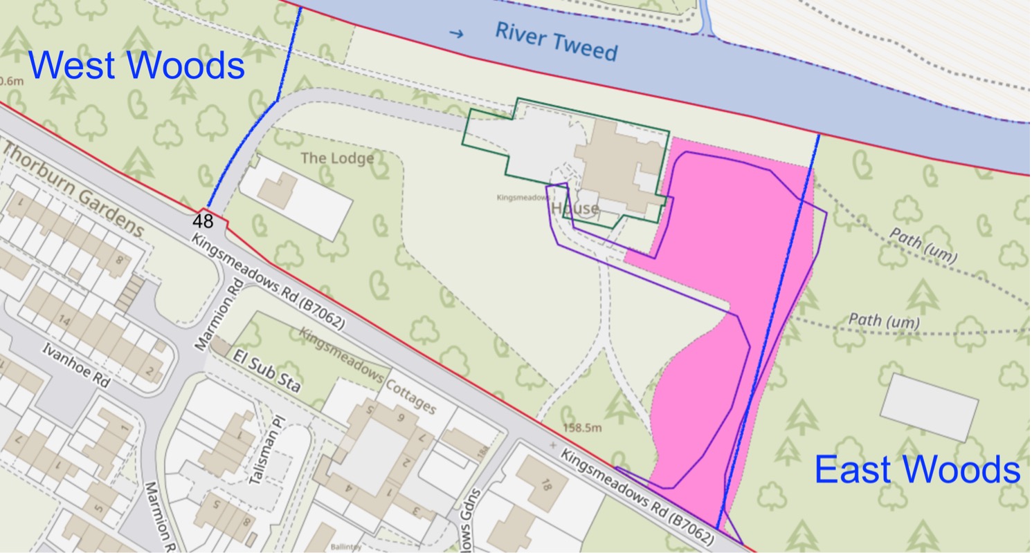 Map of Kingsmeadows with approximate boundaries of East and West woods indicated in blue